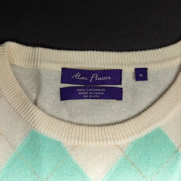 Alan Flusser 100% Cashmere Argyle Sweater – Mint Green and Cream – M - Picture 3 of 4